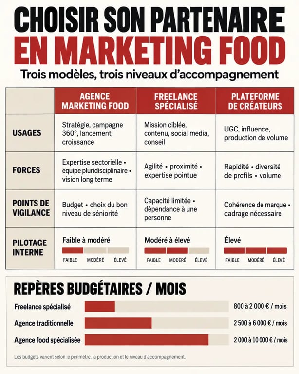 Infographie agence marketing food, freelance et plateforme de créateurs : prestations, vigilance et budgets