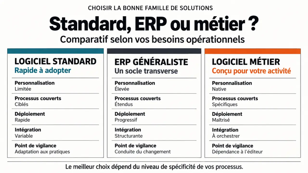 Logiciel métier, ERP généraliste et logiciel standard : comparaison visuelle des usages et de la personnalisation