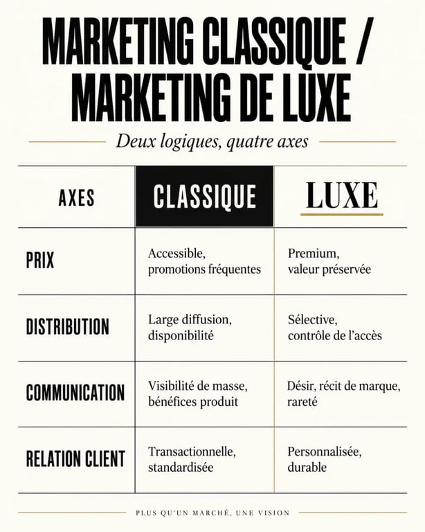 Marketing de luxe comparé au marketing classique selon le prix, la distribution, la communication et la relation client
