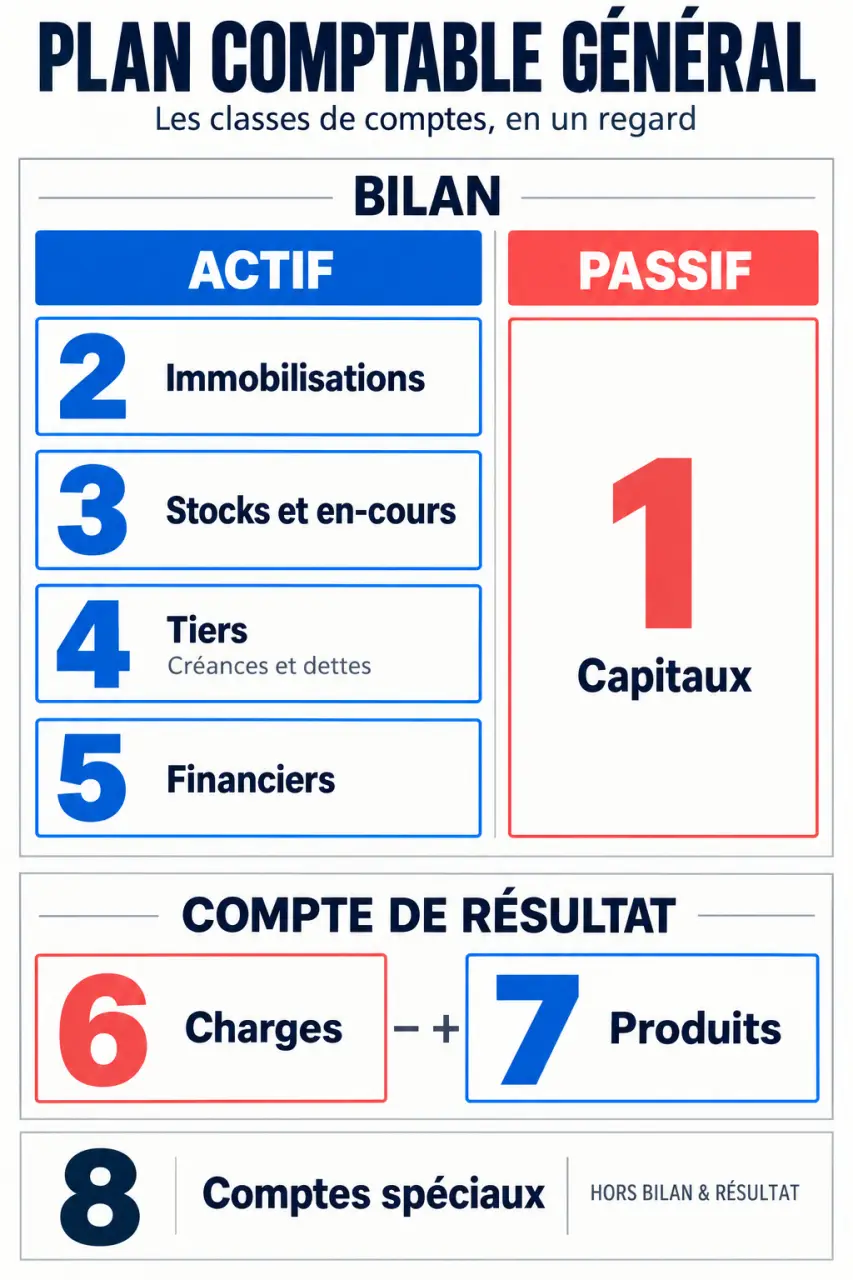 Comptes comptables : schéma des classes 1 à 8 entre bilan et compte de résultat