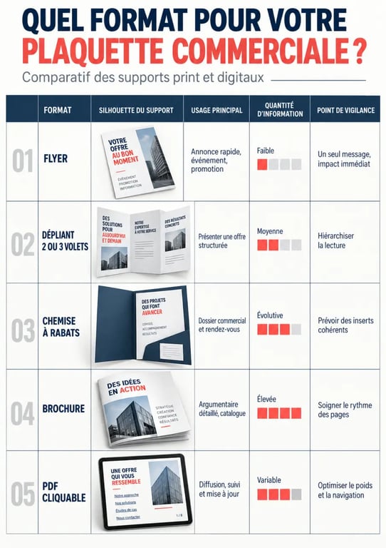 Exemple plaquette commercial : comparaison visuelle des formats flyer, dépliant, brochure et PDF cliquable