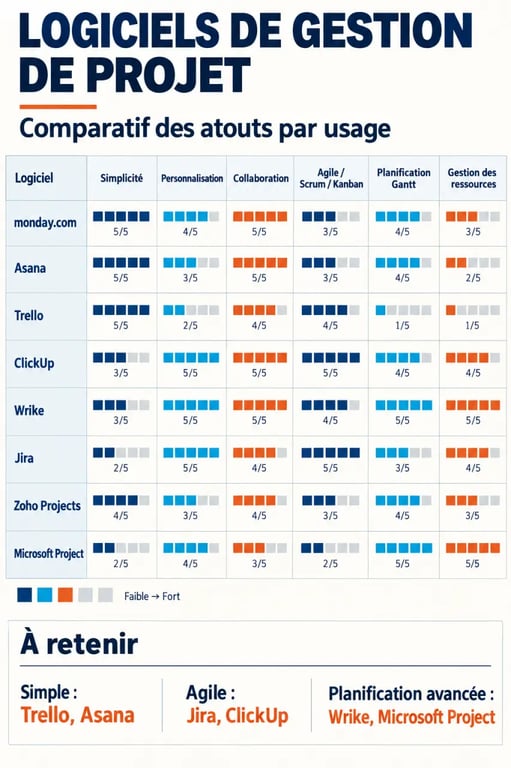 Comparatif logiciel gestion de projet : différences entre monday.com, Asana, Trello, ClickUp, Wrike, Jira, Zoho Projects et Microsoft Project