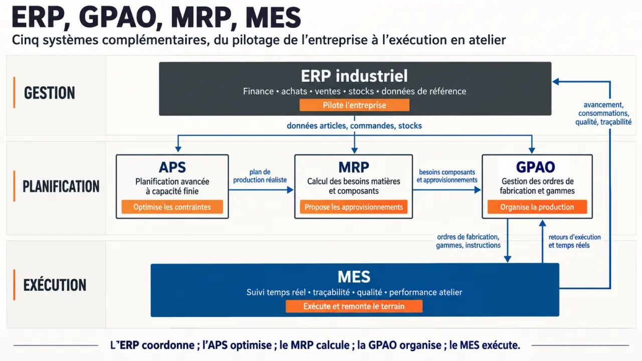 ERP industriel, GPAO, MRP, MES et APS : rôles et complémentarité