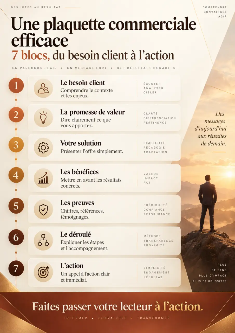 Une plaquette commerciale efficace tient en 7 blocs, du besoin client à l’action