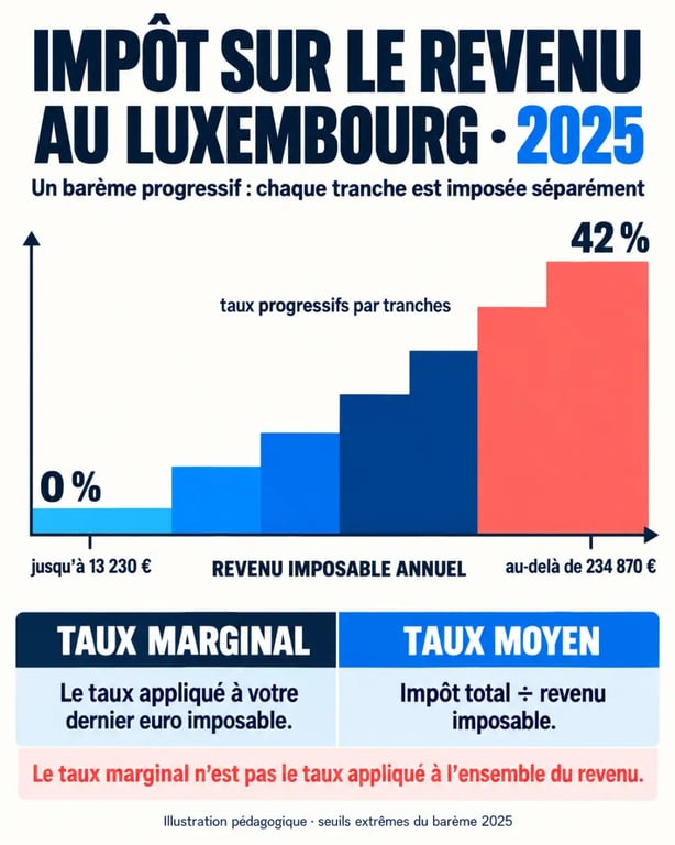 Infographie sur les impôts au Luxembourg et le barème progressif de l'impôt sur le revenu