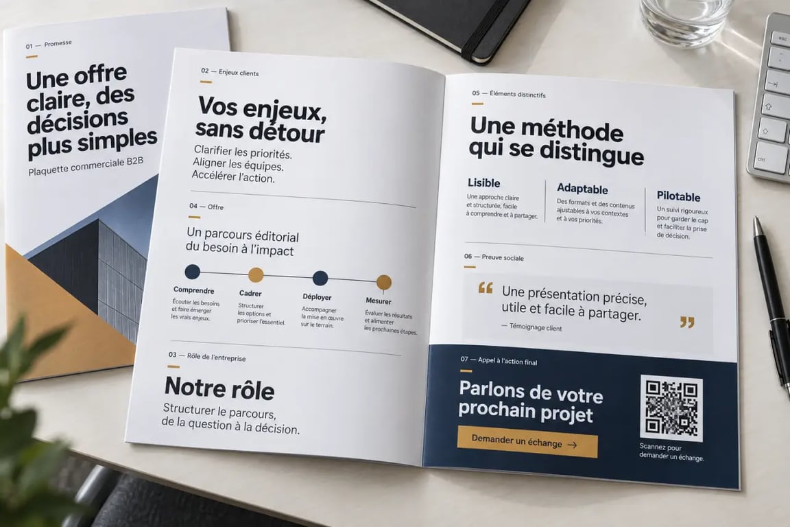 Exemple plaquette commercial avec couverture, offre, preuves et appel à l'action