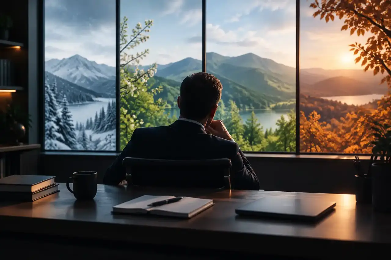 Salle de réunion contemporaine avec vue sur un quartier d'affaires au crépuscule